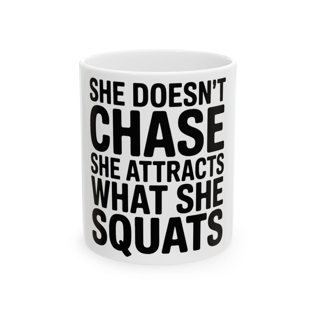 She Doesn't Chase She Attracts What She Squats Coffee Mug Gym Buddy Gift